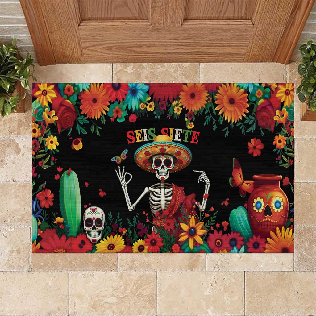 Seis Siete Dia de los Muertos Rubber Doormat Mexican Funny 67 Calaca Skeleton Sombrero - Wonder Print Shop