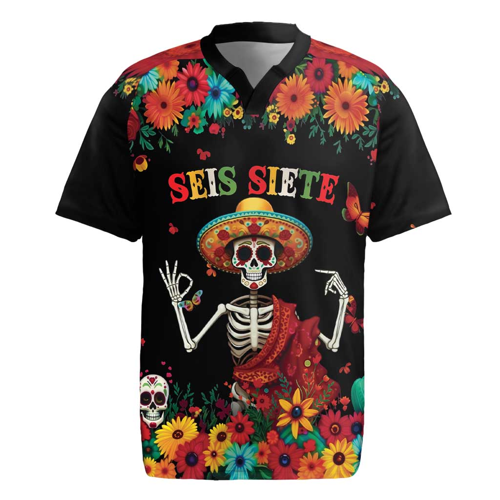 Seis Siete Dia de los Muertos Rugby Jersey Mexican Funny 67 Calaca Skeleton Sombrero - Wonder Print Shop