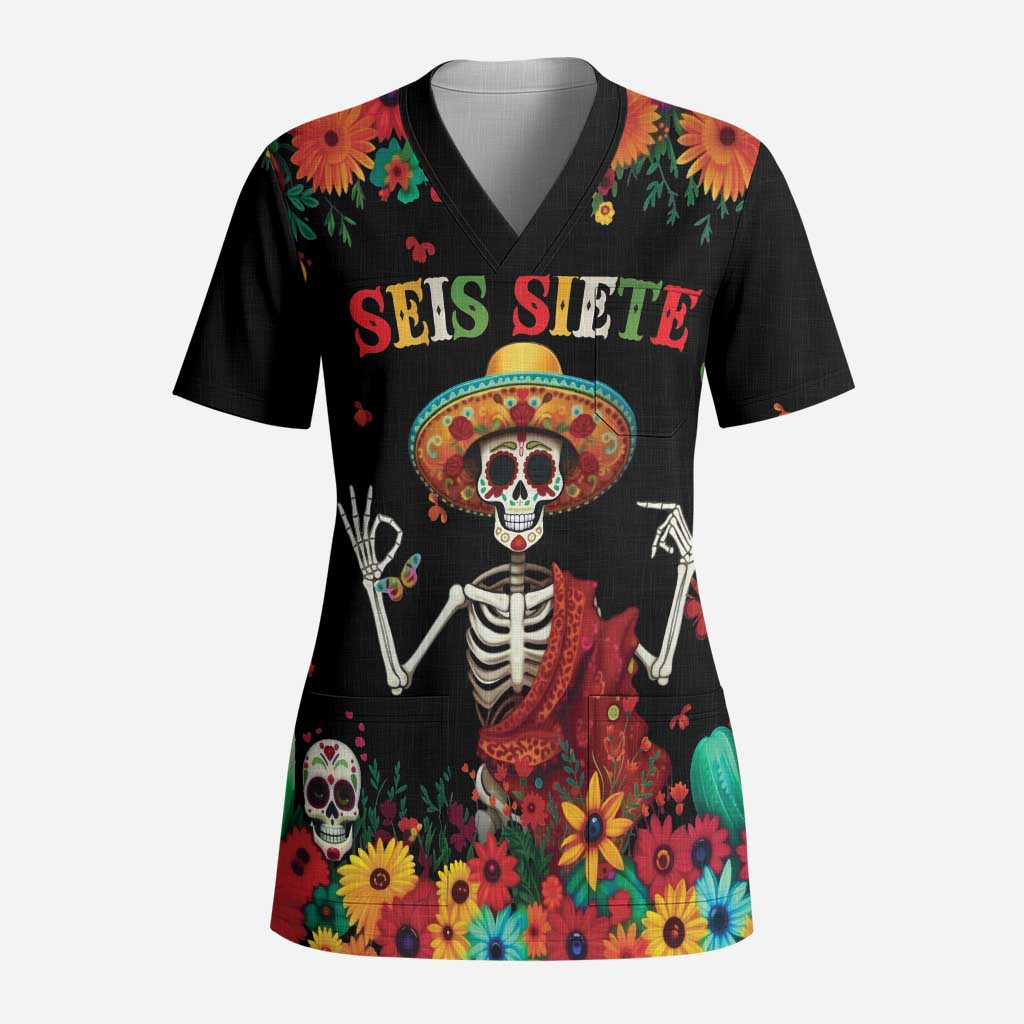 Seis Siete Dia de los Muertos Scrub Top Mexican Funny 67 Calaca Skeleton Sombrero - Wonder Print Shop