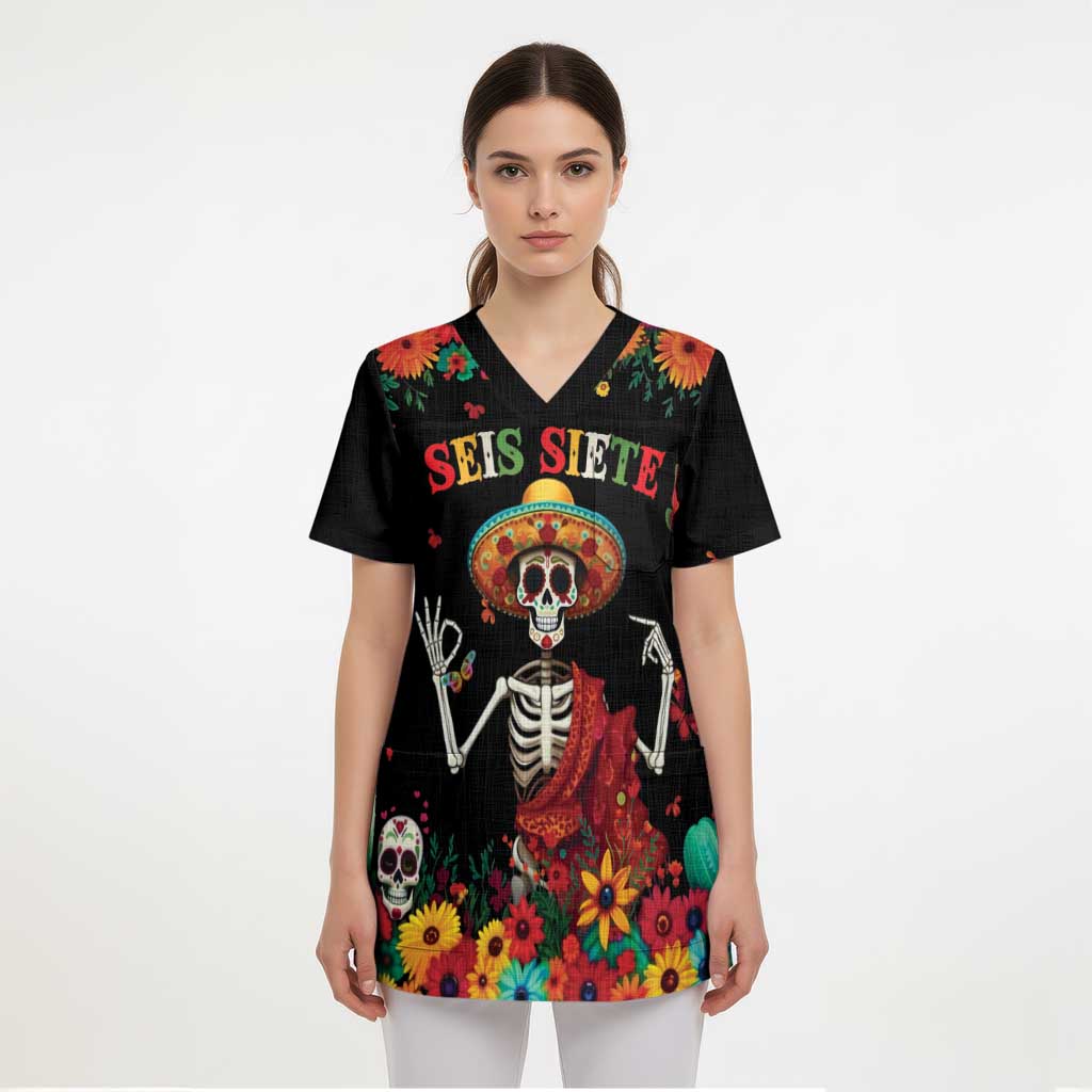Seis Siete Dia de los Muertos Scrub Top Mexican Funny 67 Calaca Skeleton Sombrero - Wonder Print Shop