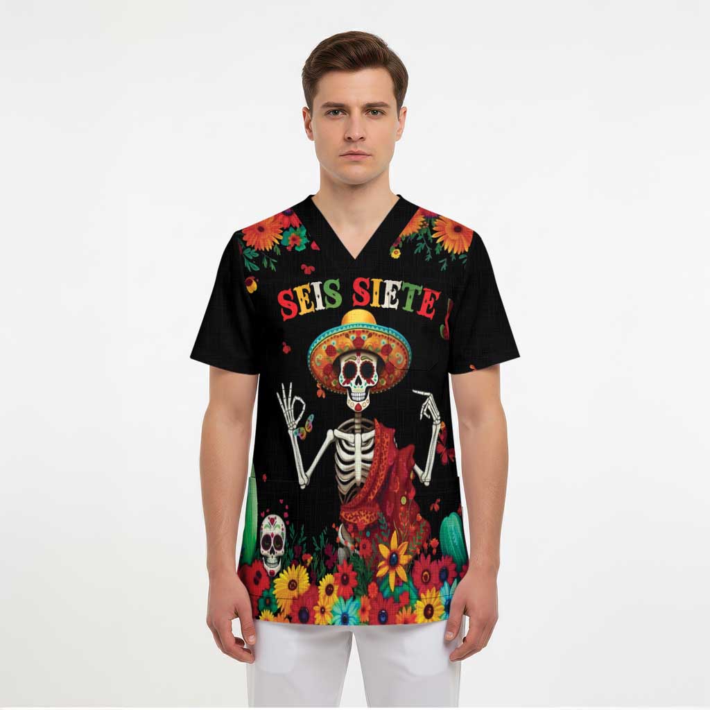 Seis Siete Dia de los Muertos Scrub Top Mexican Funny 67 Calaca Skeleton Sombrero - Wonder Print Shop