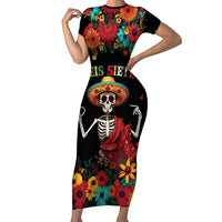 Seis Siete Dia de los Muertos Short Sleeve Bodycon Dress Mexican Funny 67 Calaca Skeleton Sombrero - Wonder Print Shop