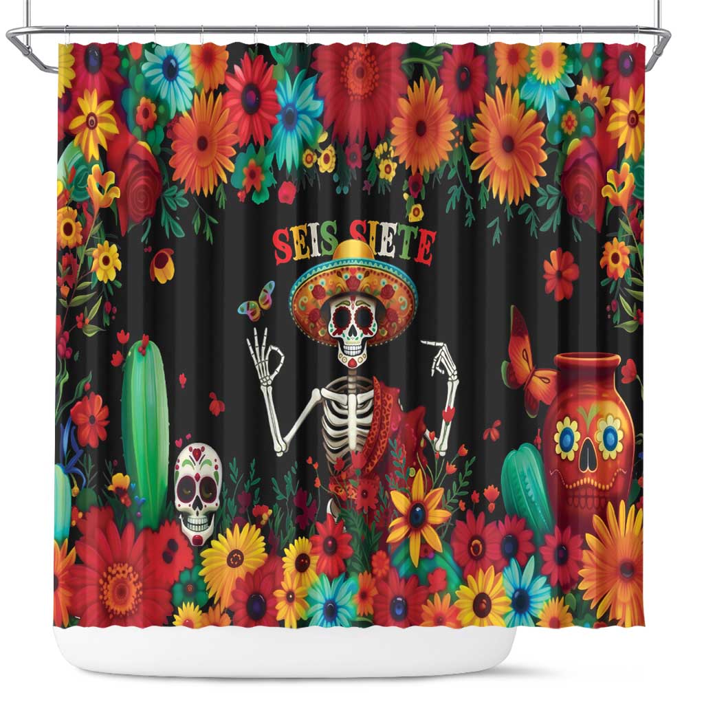 Seis Siete Dia de los Muertos Shower Curtain Mexican Funny 67 Calaca Skeleton Sombrero - Wonder Print Shop