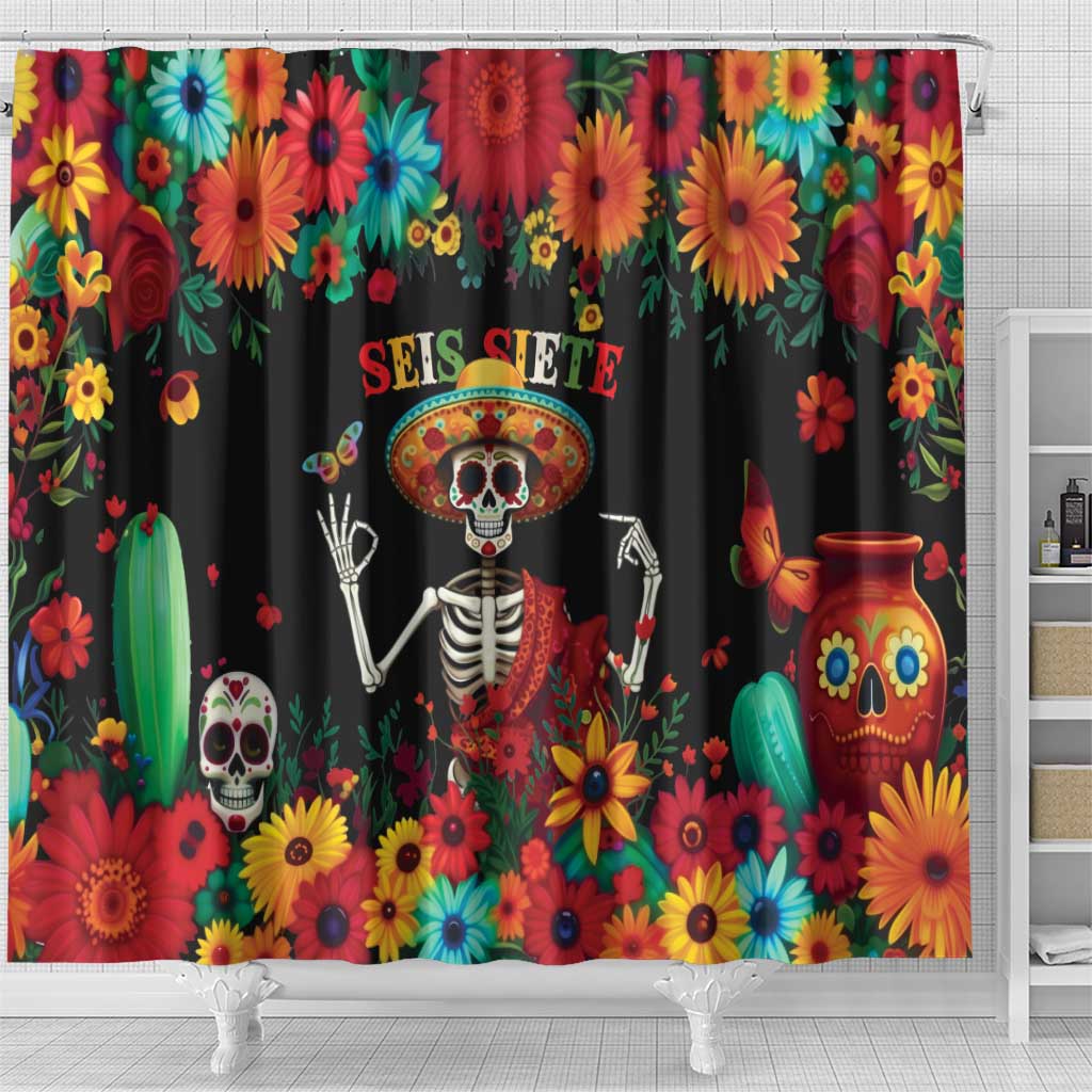 Seis Siete Dia de los Muertos Shower Curtain Mexican Funny 67 Calaca Skeleton Sombrero - Wonder Print Shop