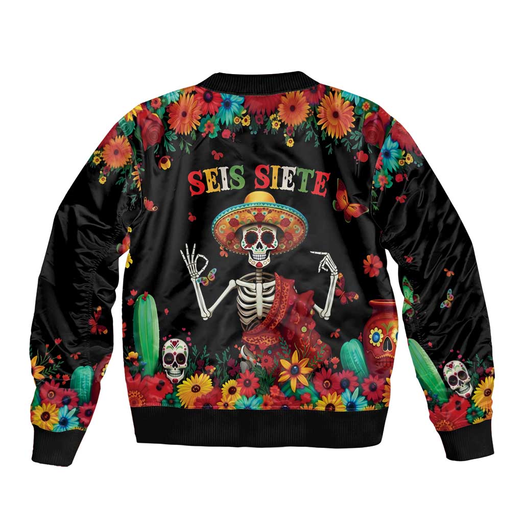 Seis Siete Dia de los Muertos Sleeve Zip Bomber Jacket Mexican Funny 67 Calaca Skeleton Sombrero - Wonder Print Shop