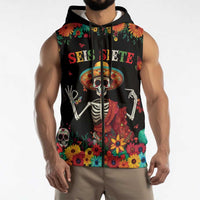 Seis Siete Dia de los Muertos Sleeveless Zip Hoodie Mexican Funny 67 Calaca Skeleton Sombrero - Wonder Print Shop