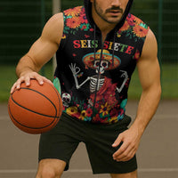 Seis Siete Dia de los Muertos Sleeveless Zip Hoodie Mexican Funny 67 Calaca Skeleton Sombrero - Wonder Print Shop