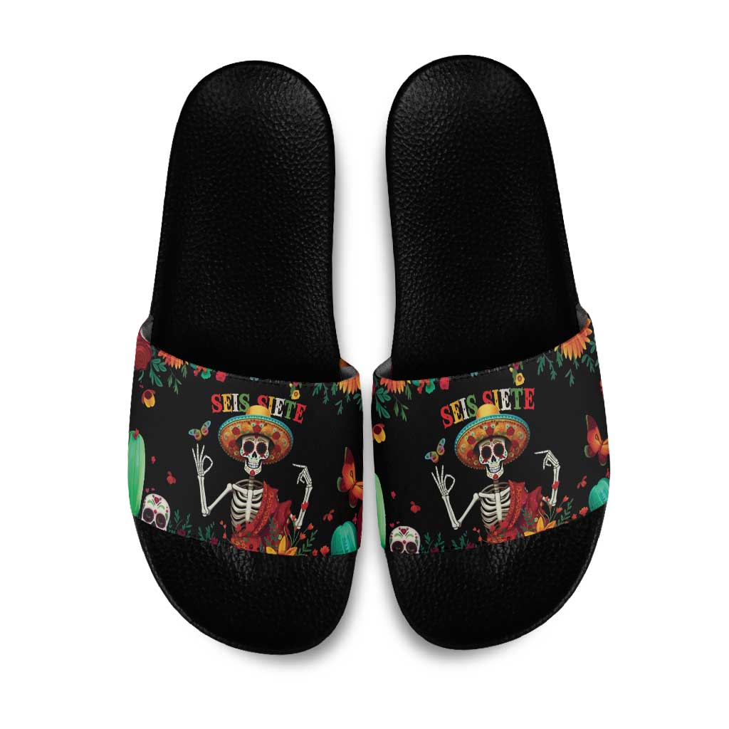 Seis Siete Dia de los Muertos Slide Sandals Mexican Funny 67 Calaca Skeleton Sombrero - Wonder Print Shop