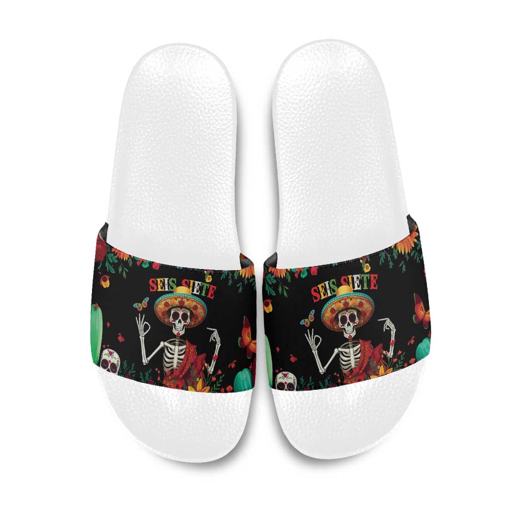 Seis Siete Dia de los Muertos Slide Sandals Mexican Funny 67 Calaca Skeleton Sombrero - Wonder Print Shop