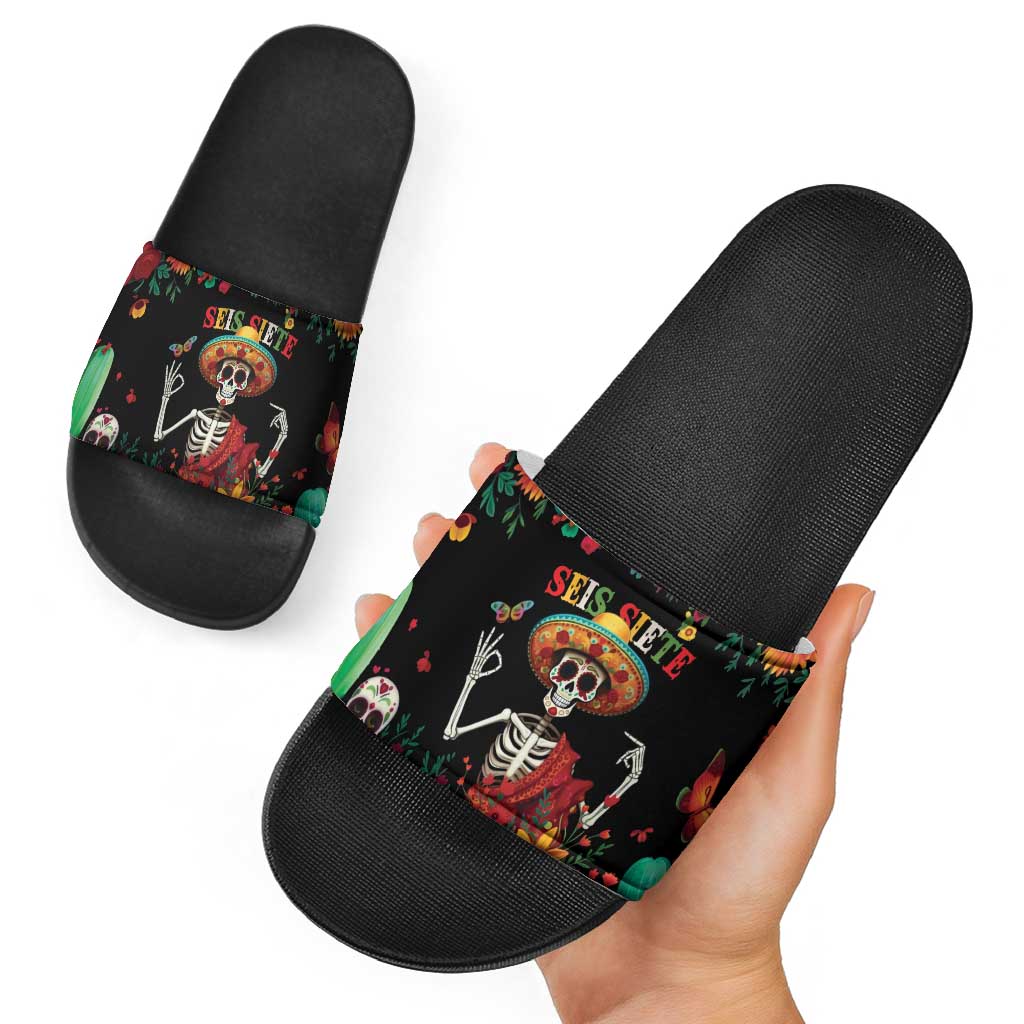 Seis Siete Dia de los Muertos Slide Sandals Mexican Funny 67 Calaca Skeleton Sombrero - Wonder Print Shop