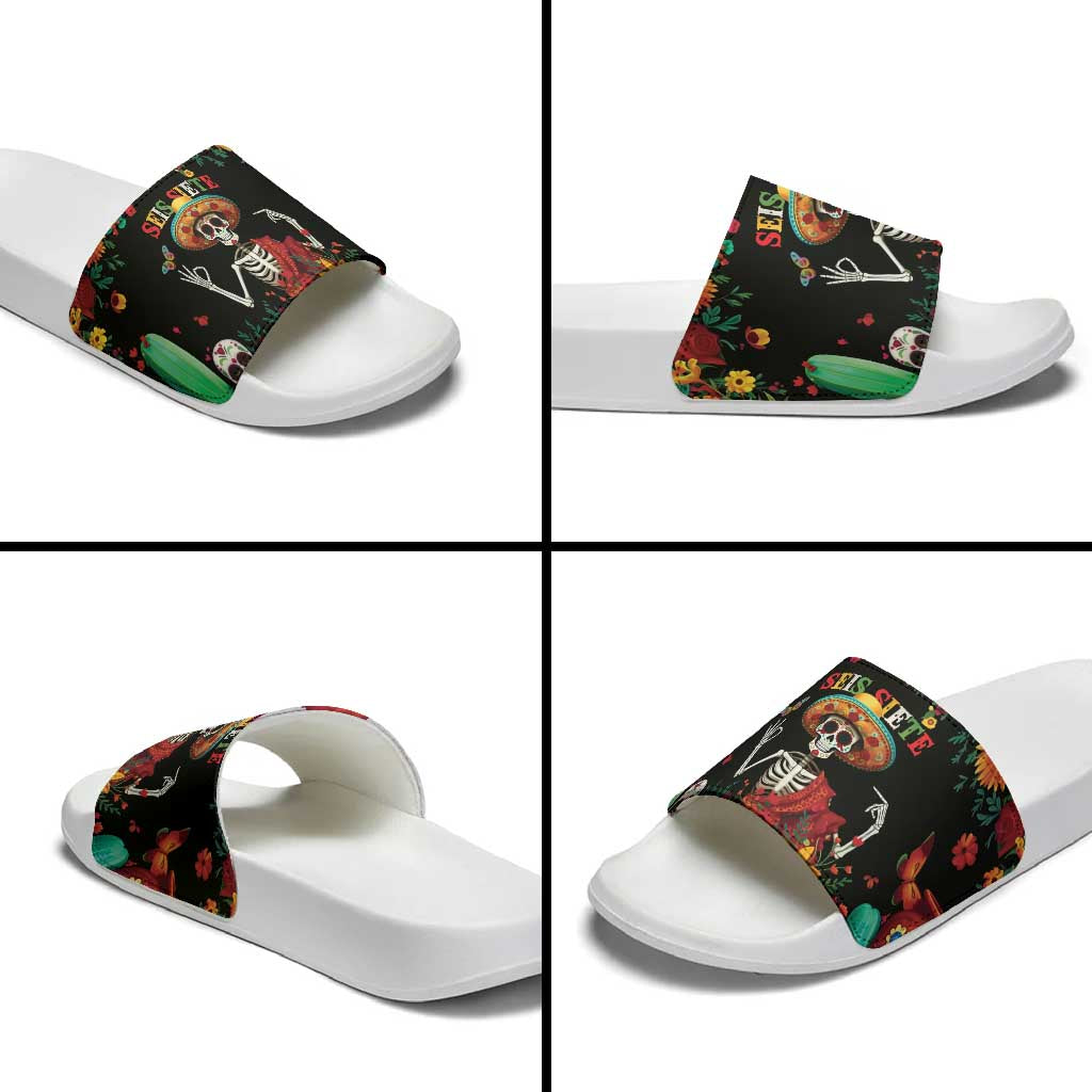 Seis Siete Dia de los Muertos Slide Sandals Mexican Funny 67 Calaca Skeleton Sombrero - Wonder Print Shop