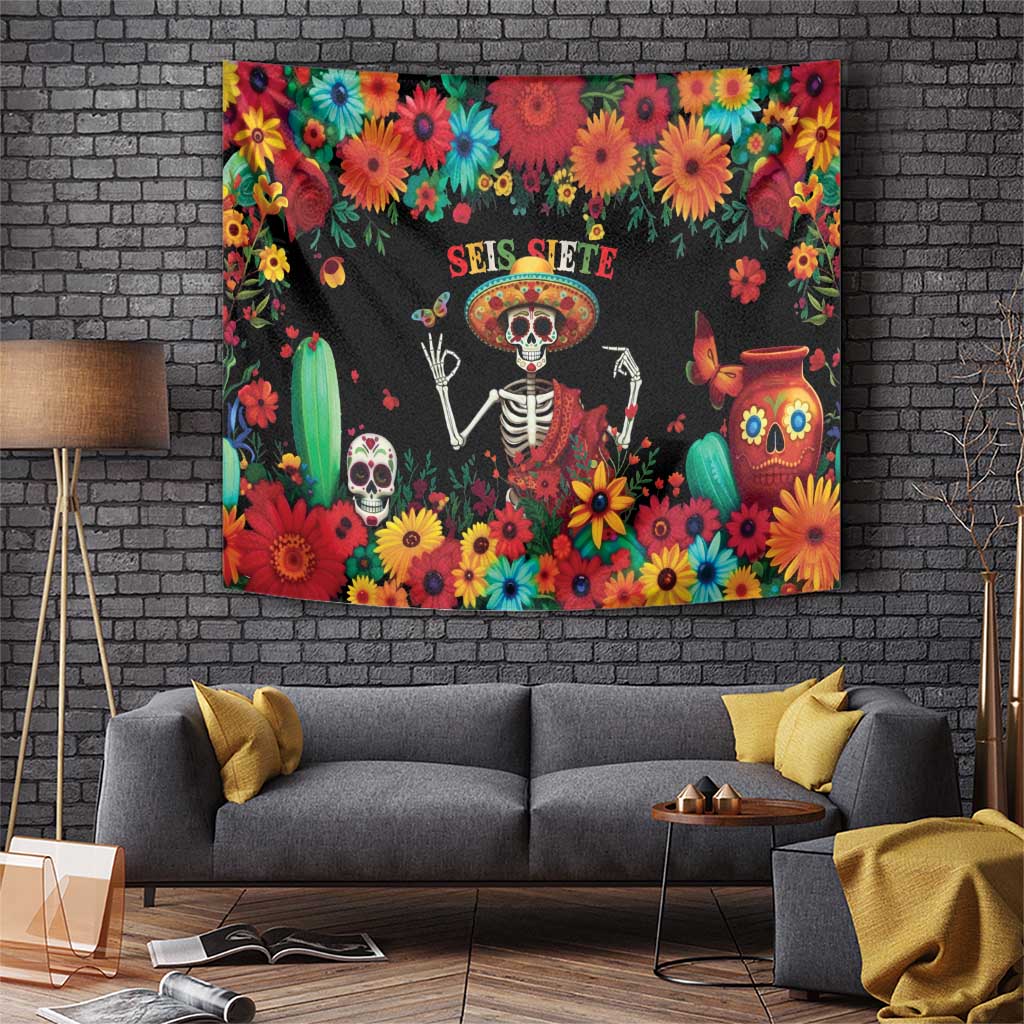 Seis Siete Dia de los Muertos Tapestry Mexican Funny 67 Calaca Skeleton Sombrero - Wonder Print Shop