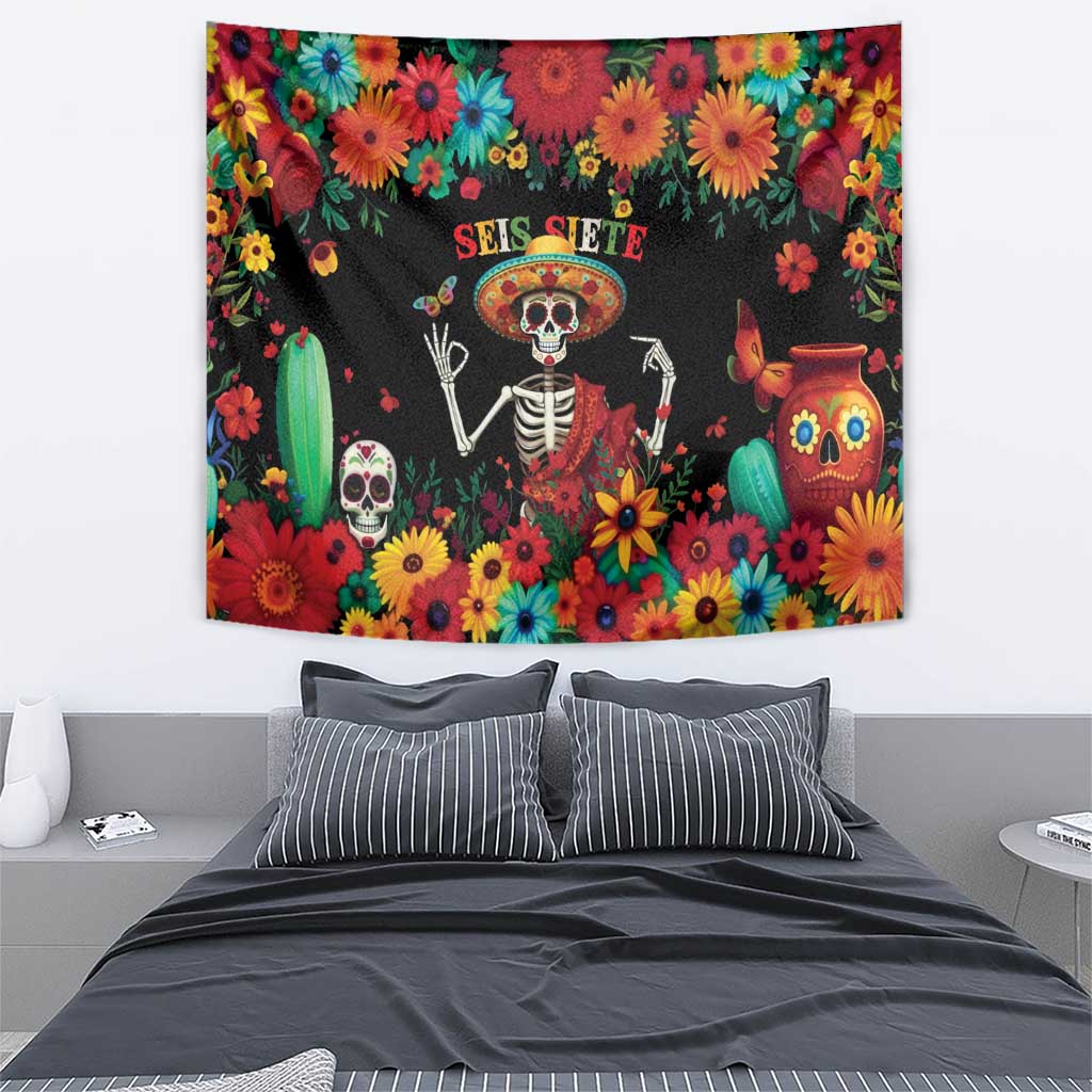 Seis Siete Dia de los Muertos Tapestry Mexican Funny 67 Calaca Skeleton Sombrero - Wonder Print Shop