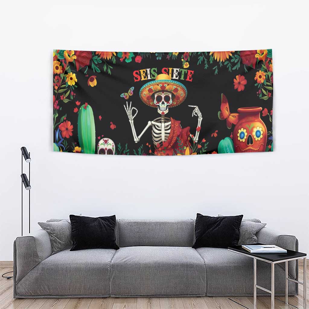 Seis Siete Dia de los Muertos Tapestry Mexican Funny 67 Calaca Skeleton Sombrero - Wonder Print Shop