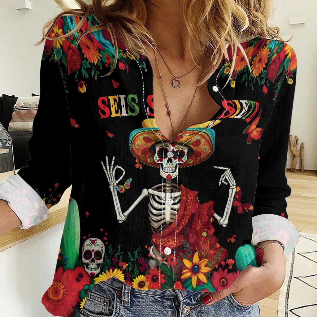 Seis Siete Dia de los Muertos Women Casual Shirt Mexican Funny 67 Calaca Skeleton Sombrero - Wonder Print Shop