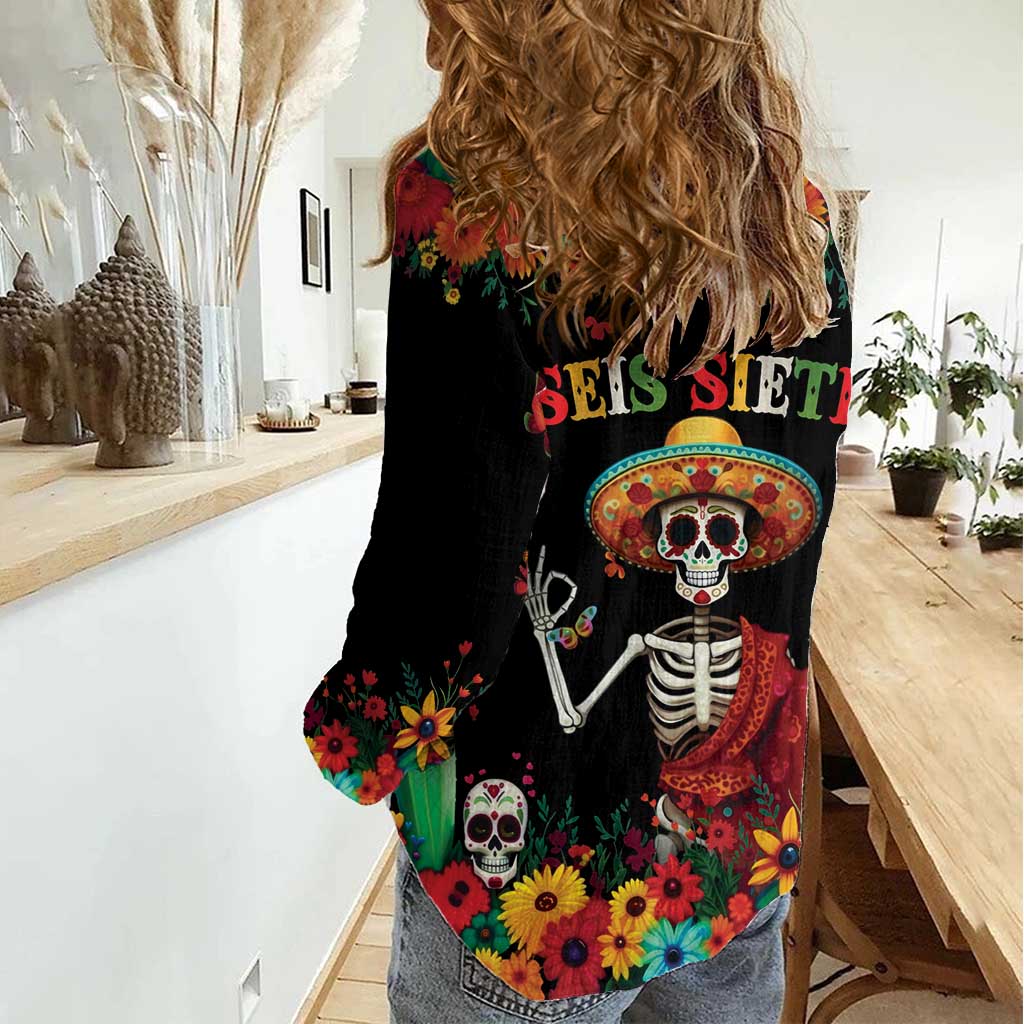 Seis Siete Dia de los Muertos Women Casual Shirt Mexican Funny 67 Calaca Skeleton Sombrero - Wonder Print Shop