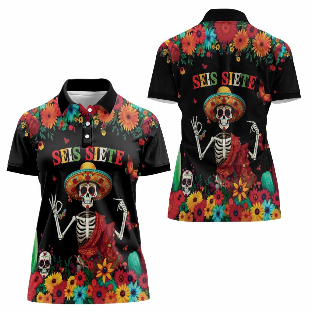 Seis Siete Dia de los Muertos Women Polo Shirt Mexican Funny 67 Calaca Skeleton Sombrero - Wonder Print Shop