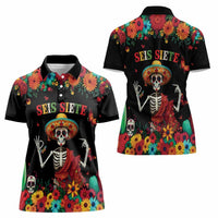 Seis Siete Dia de los Muertos Women Polo Shirt Mexican Funny 67 Calaca Skeleton Sombrero - Wonder Print Shop