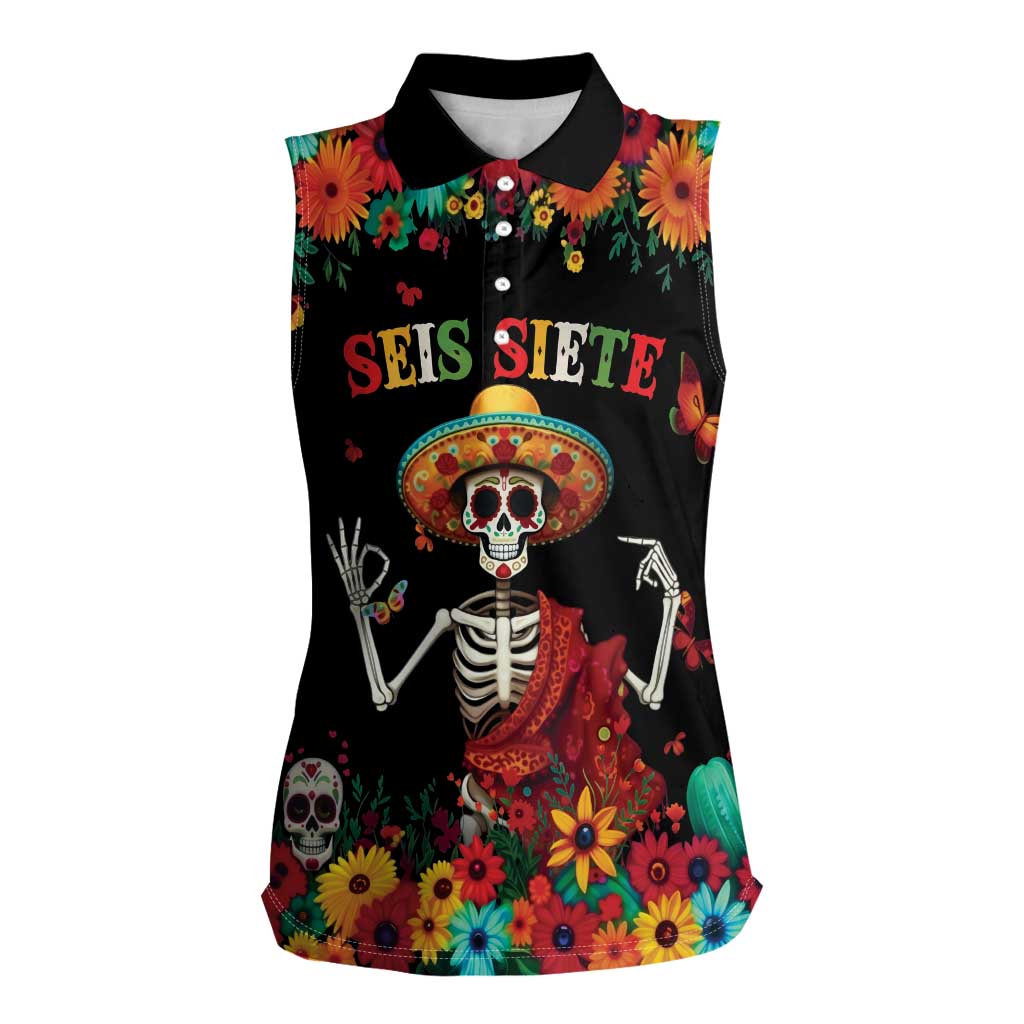 Seis Siete Dia de los Muertos Women Sleeveless Polo Shirt Mexican Funny 67 Calaca Skeleton Sombrero - Wonder Print Shop