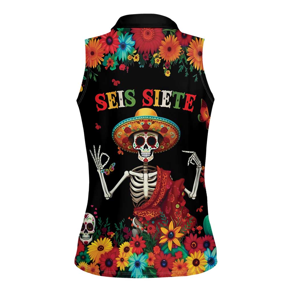 Seis Siete Dia de los Muertos Women Sleeveless Polo Shirt Mexican Funny 67 Calaca Skeleton Sombrero - Wonder Print Shop