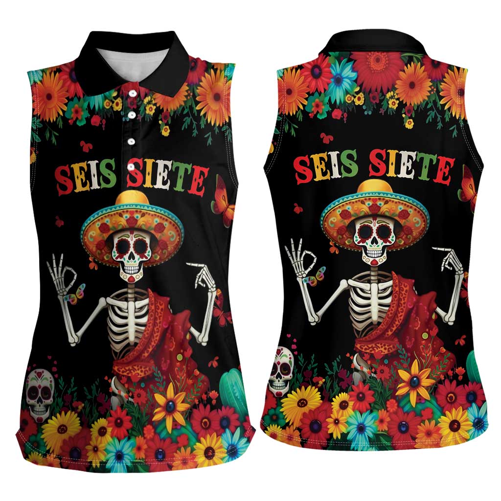 Seis Siete Dia de los Muertos Women Sleeveless Polo Shirt Mexican Funny 67 Calaca Skeleton Sombrero - Wonder Print Shop