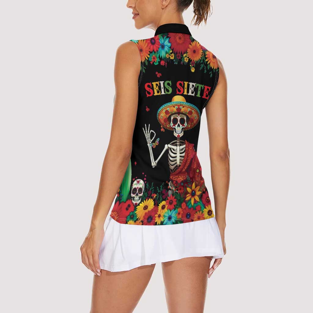 Seis Siete Dia de los Muertos Women Sleeveless Polo Shirt Mexican Funny 67 Calaca Skeleton Sombrero - Wonder Print Shop