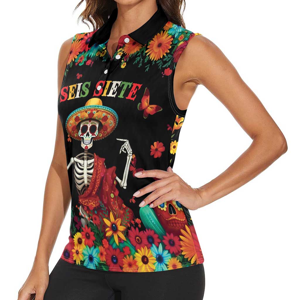 Seis Siete Dia de los Muertos Women Sleeveless Polo Shirt Mexican Funny 67 Calaca Skeleton Sombrero - Wonder Print Shop