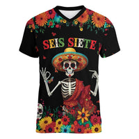 Seis Siete Dia de los Muertos Women V-Neck T-Shirt Mexican Funny 67 Calaca Skeleton Sombrero - Wonder Print Shop