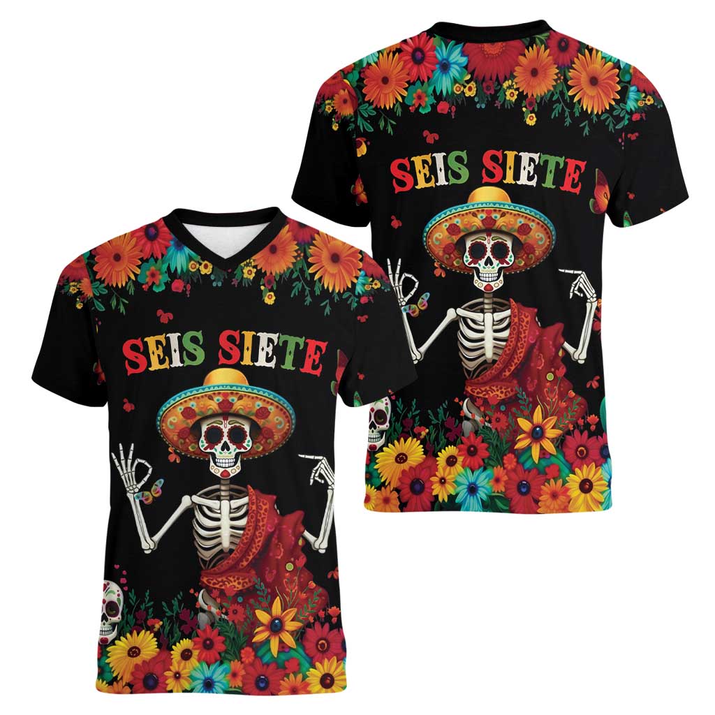Seis Siete Dia de los Muertos Women V-Neck T-Shirt Mexican Funny 67 Calaca Skeleton Sombrero - Wonder Print Shop