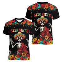 Seis Siete Dia de los Muertos Women V-Neck T-Shirt Mexican Funny 67 Calaca Skeleton Sombrero - Wonder Print Shop