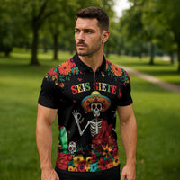 Seis Siete Dia de los Muertos Zipper Polo Shirt Mexican Funny 67 Calaca Skeleton Sombrero - Wonder Print Shop