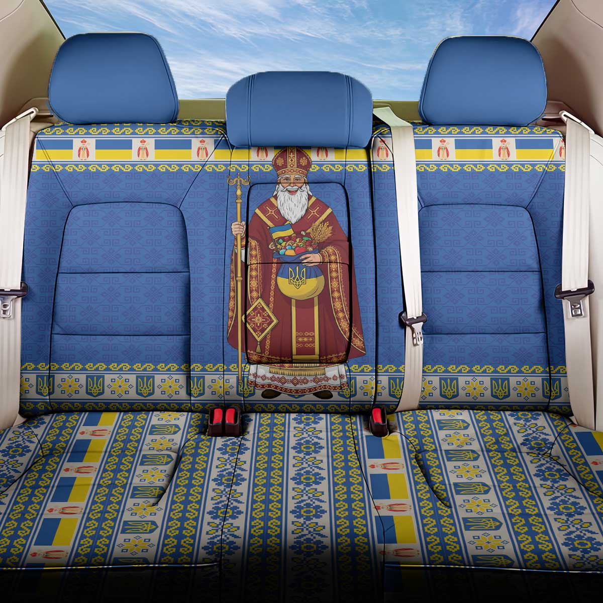 Ukraine Christmas Back Car Seat Cover Saint Nicholas Vyshyvanka Style - Wonder Print Shop