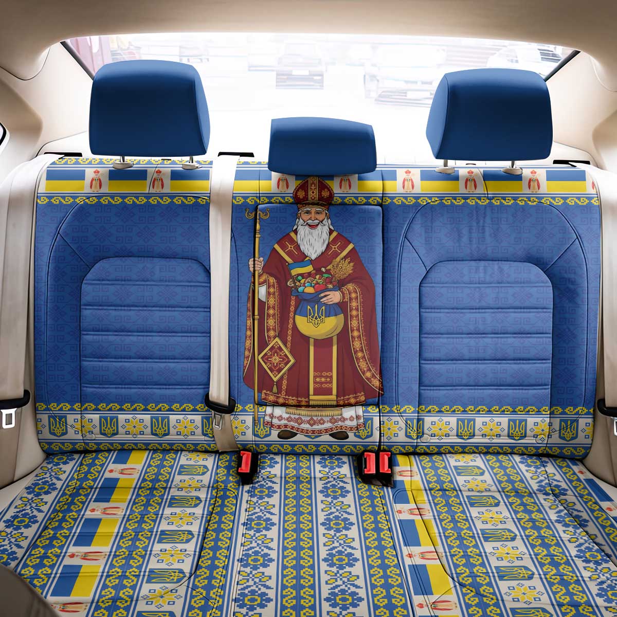 Ukraine Christmas Back Car Seat Cover Saint Nicholas Vyshyvanka Style - Wonder Print Shop