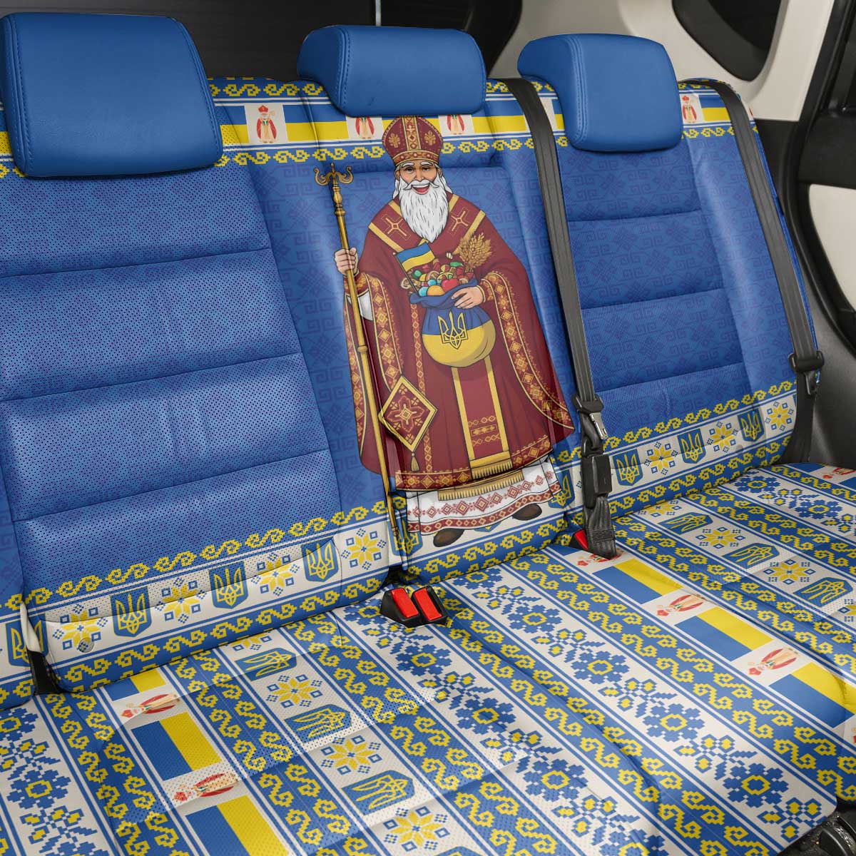 Ukraine Christmas Back Car Seat Cover Saint Nicholas Vyshyvanka Style - Wonder Print Shop