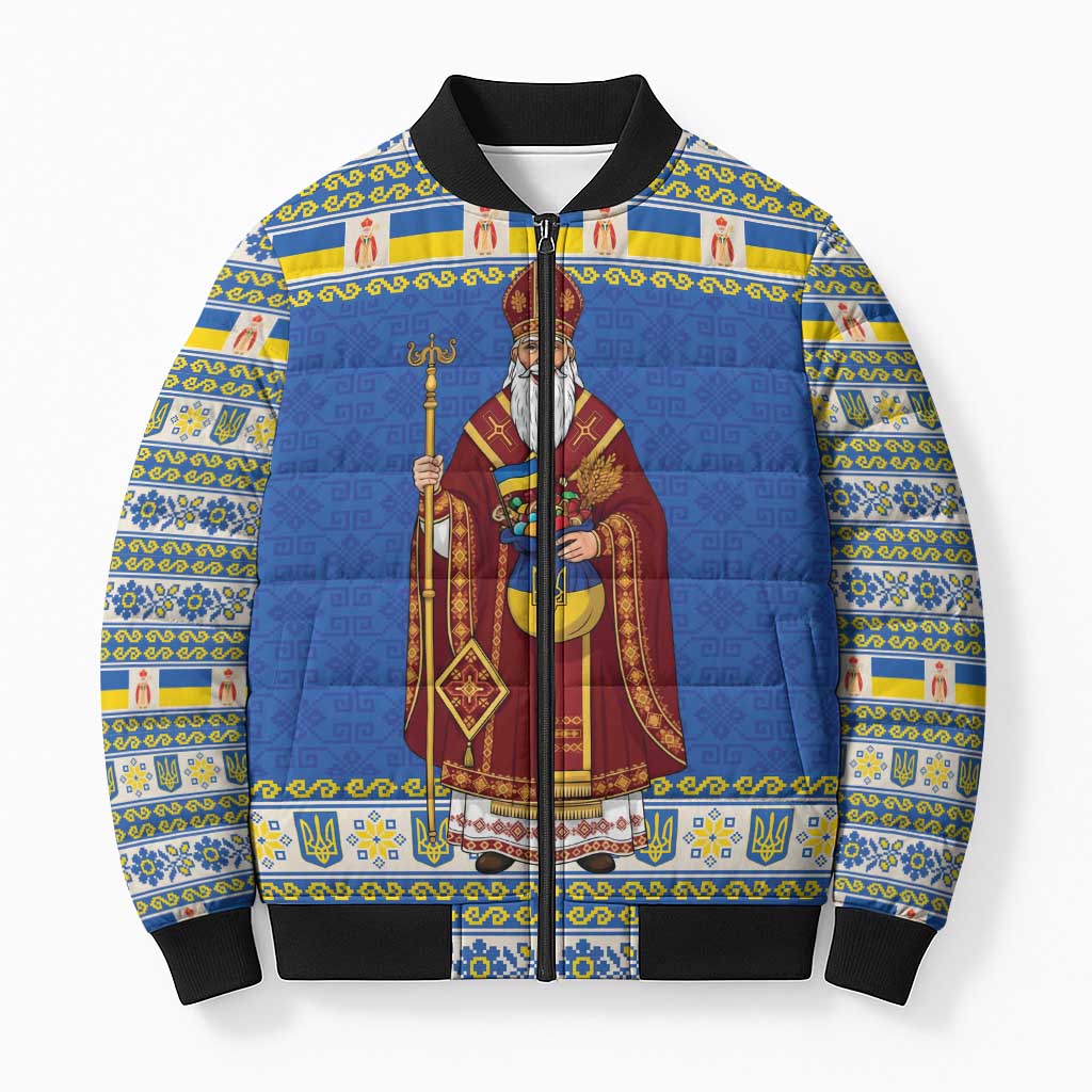 Ukraine Christmas Bomber Puffer Jacket Saint Nicholas Vyshyvanka Style - Wonder Print Shop