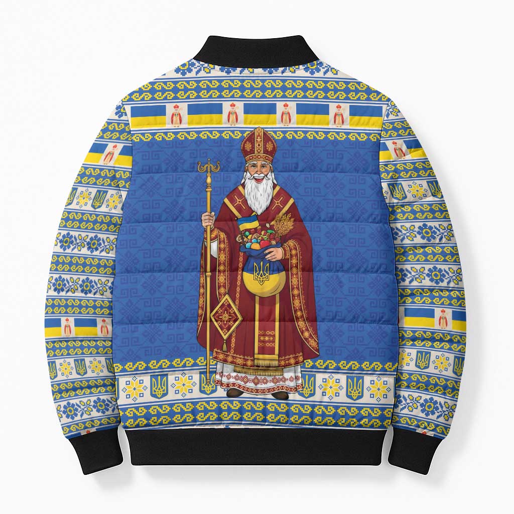 Ukraine Christmas Bomber Puffer Jacket Saint Nicholas Vyshyvanka Style - Wonder Print Shop