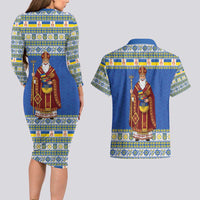 Ukraine Christmas Couples Matching Long Sleeve Bodycon Dress and Hawaiian Shirt Saint Nicholas Vyshyvanka Style - Wonder Print Shop