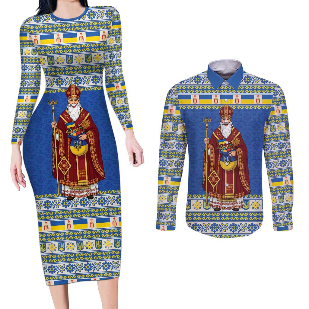 Ukraine Christmas Couples Matching Long Sleeve Bodycon Dress and Long Sleeve Button Shirt Saint Nicholas Vyshyvanka Style - Wonder Print Shop