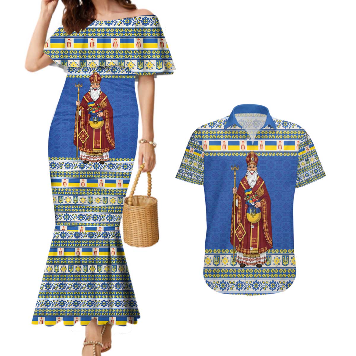 Ukraine Christmas Couples Matching Mermaid Dress and Hawaiian Shirt Saint Nicholas Vyshyvanka Style - Wonder Print Shop