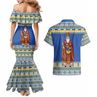 Ukraine Christmas Couples Matching Mermaid Dress and Hawaiian Shirt Saint Nicholas Vyshyvanka Style - Wonder Print Shop