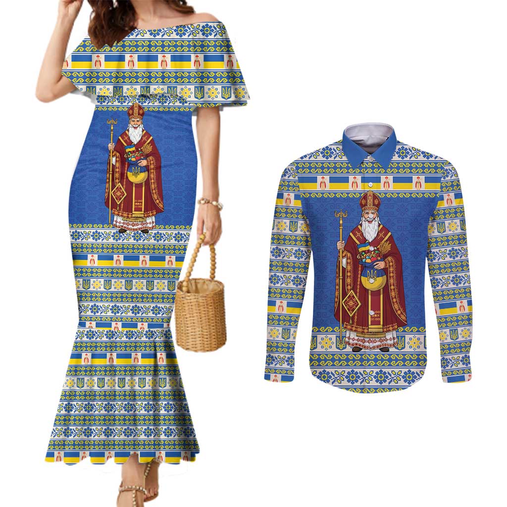 Ukraine Christmas Couples Matching Mermaid Dress and Long Sleeve Button Shirt Saint Nicholas Vyshyvanka Style - Wonder Print Shop