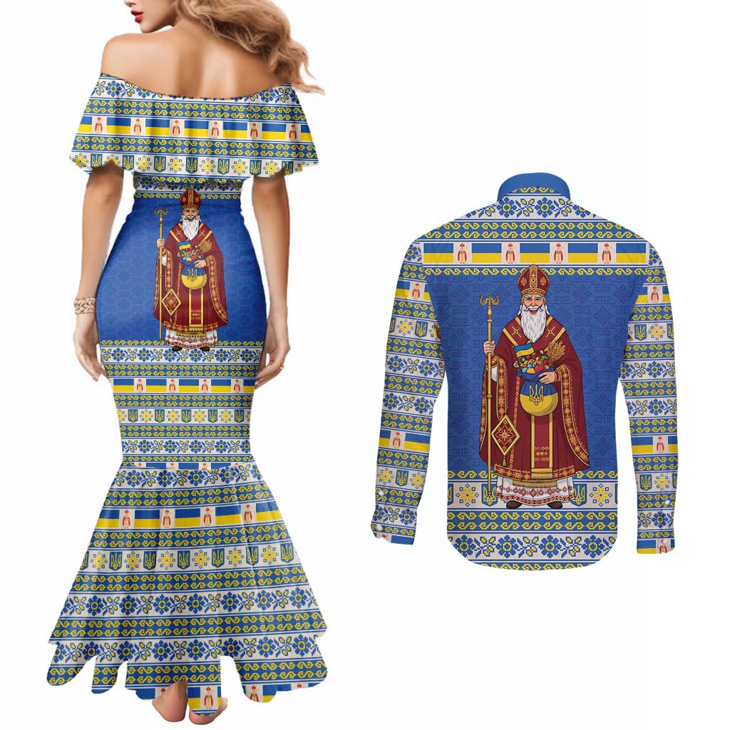 Ukraine Christmas Couples Matching Mermaid Dress and Long Sleeve Button Shirt Saint Nicholas Vyshyvanka Style - Wonder Print Shop