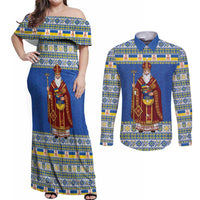 Ukraine Christmas Couples Matching Off Shoulder Maxi Dress and Long Sleeve Button Shirt Saint Nicholas Vyshyvanka Style - Wonder Print Shop