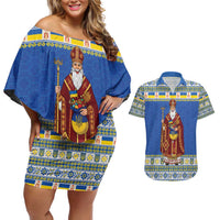 Ukraine Christmas Couples Matching Off Shoulder Short Dress and Hawaiian Shirt Saint Nicholas Vyshyvanka Style - Wonder Print Shop