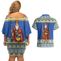 Ukraine Christmas Couples Matching Off Shoulder Short Dress and Hawaiian Shirt Saint Nicholas Vyshyvanka Style - Wonder Print Shop