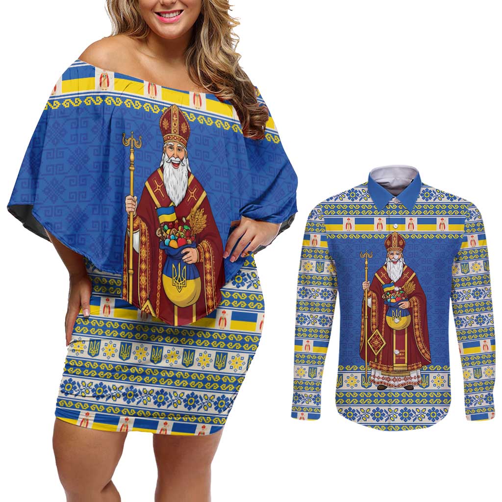 Ukraine Christmas Couples Matching Off Shoulder Short Dress and Long Sleeve Button Shirt Saint Nicholas Vyshyvanka Style - Wonder Print Shop