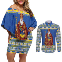 Ukraine Christmas Couples Matching Off Shoulder Short Dress and Long Sleeve Button Shirt Saint Nicholas Vyshyvanka Style - Wonder Print Shop