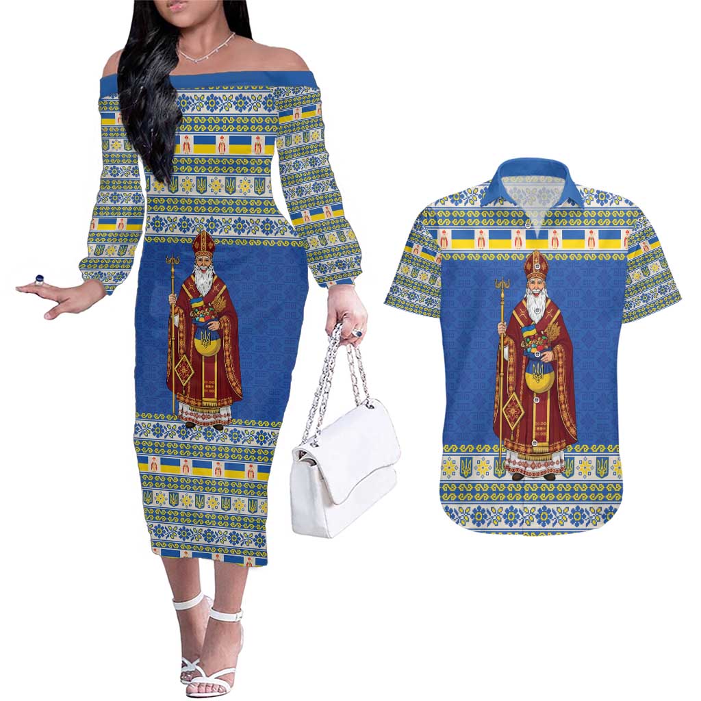 Ukraine Christmas Couples Matching Off The Shoulder Long Sleeve Dress and Hawaiian Shirt Saint Nicholas Vyshyvanka Style - Wonder Print Shop