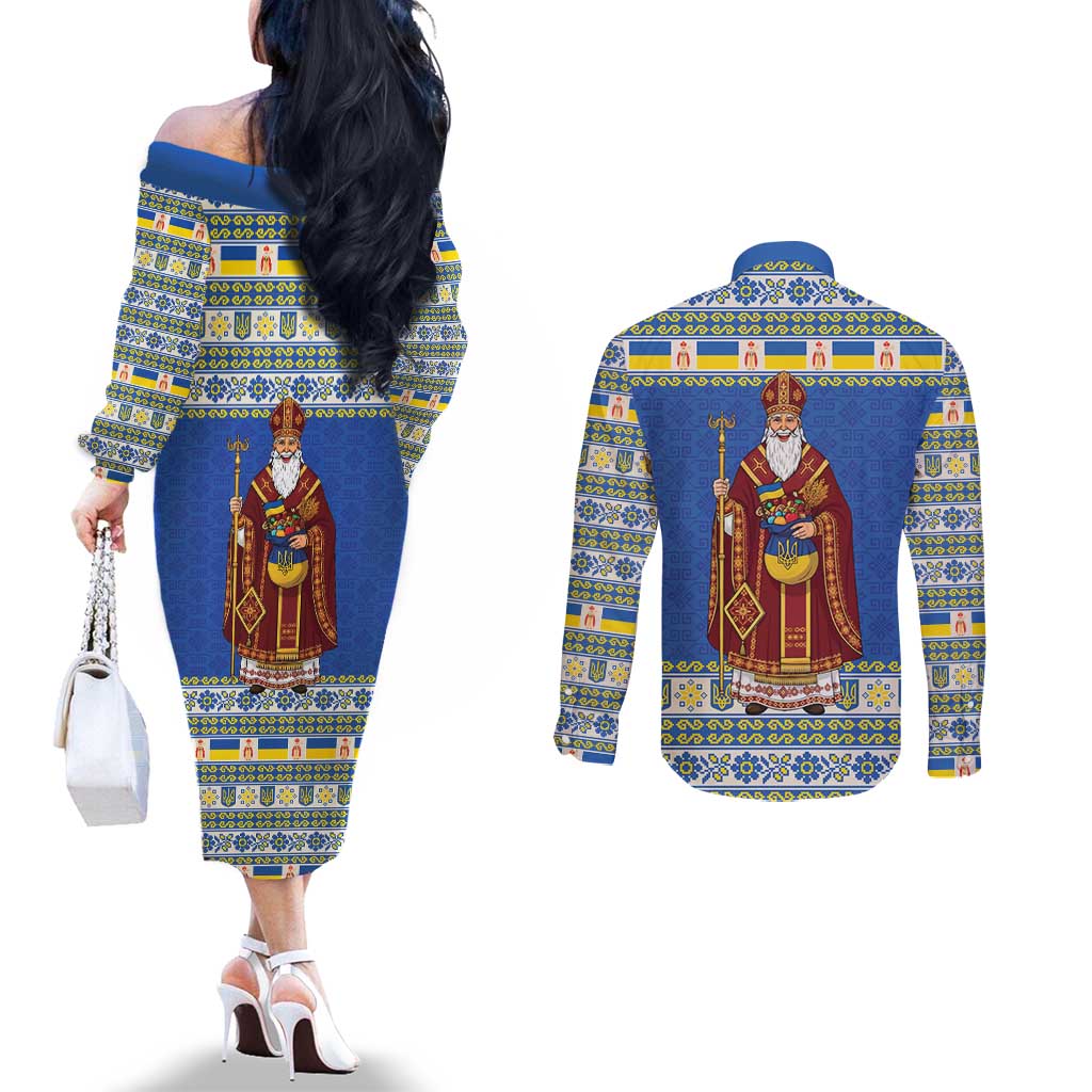 Ukraine Christmas Couples Matching Off The Shoulder Long Sleeve Dress and Long Sleeve Button Shirt Saint Nicholas Vyshyvanka Style - Wonder Print Shop