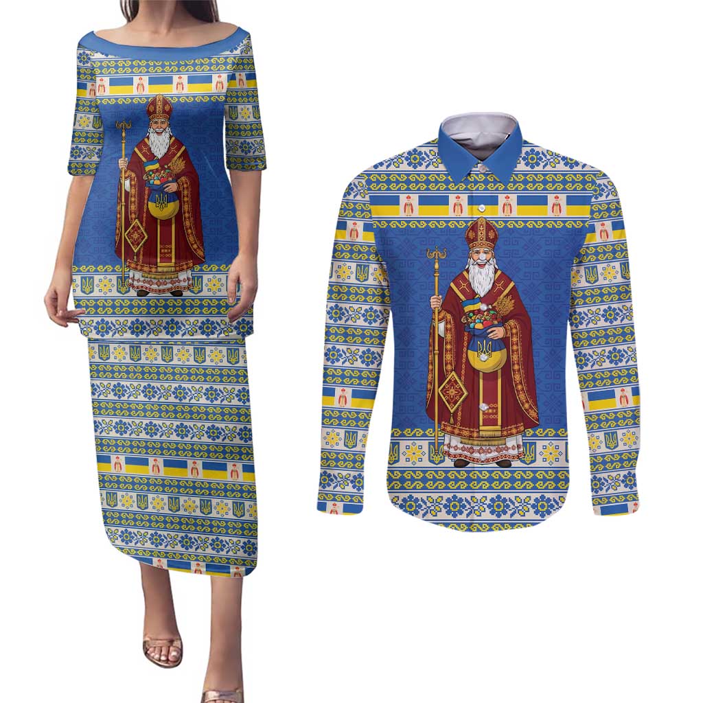 Ukraine Christmas Couples Matching Puletasi and Long Sleeve Button Shirt Saint Nicholas Vyshyvanka Style - Wonder Print Shop